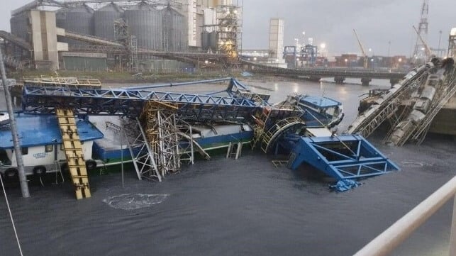 A container ship collided with a docked bulk carrier, overturning port equipment in Vietnam